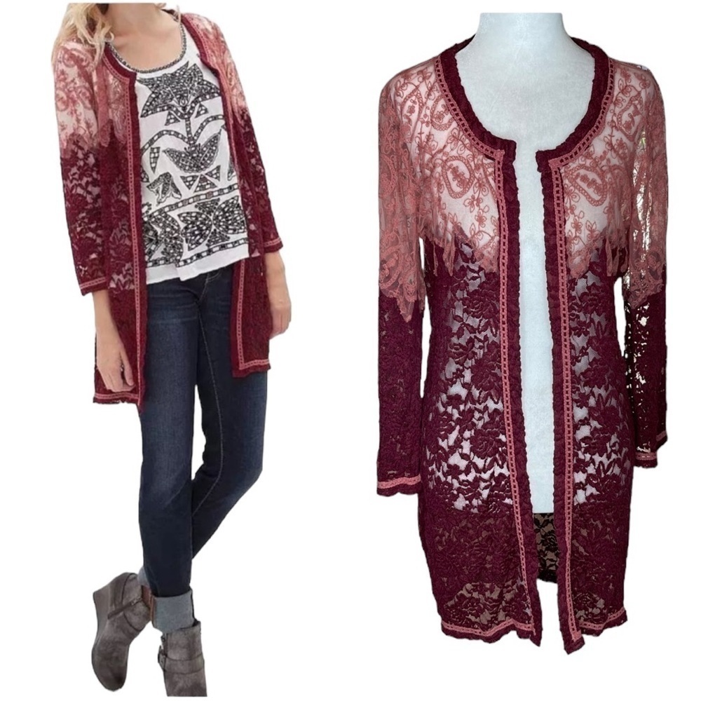 Gimmicks by BKE Boho Lace Cardigan | Burgundy Ombré Floral | Medium